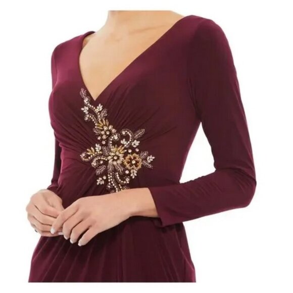 Mac Duggal Berry Embellished Long Sleeve Jersey Gown Dress - Picture 3 of 3